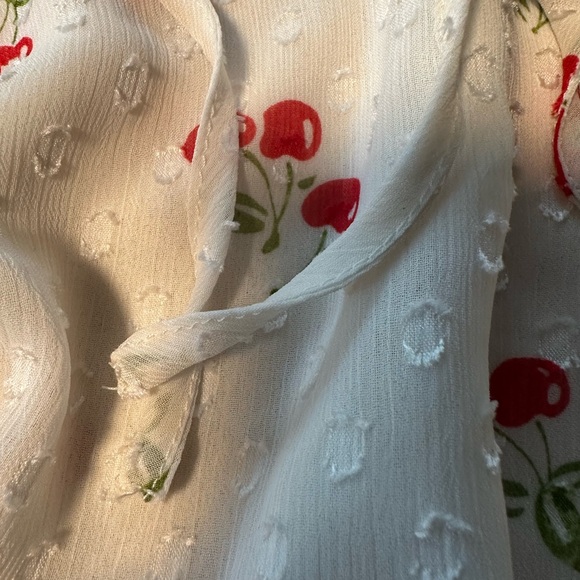 Joie Cherry Print Swiss Dot Peasant Blouse L Sheer Smocked Waist Cottage Flirty - Picture 11 of 16